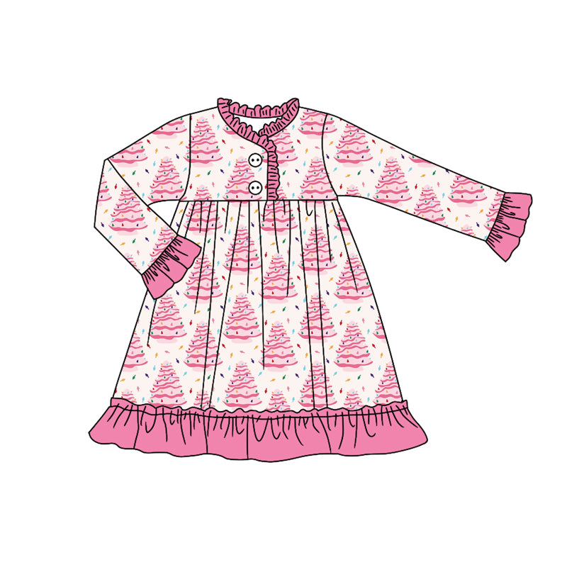 presale GLD1225 Baby Girls Long Ruffle Sleeves Christmas Trees Plaid Button Knee Length Dress  D 7.17