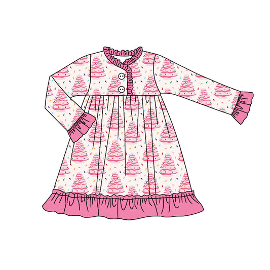 presale GLD1225 Baby Girls Long Ruffle Sleeves Christmas Trees Plaid Button Knee Length Dress D 7.17