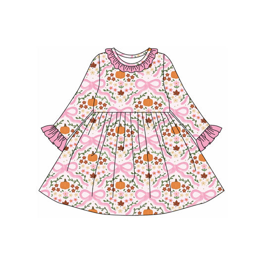presale GLD1226 Baby Girls Long Ruffle Sleeves Bows Floral Pumpkins Plaid Knee Length Dresses D 7.23