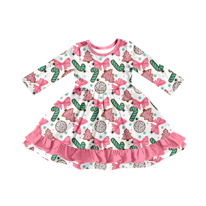 presale GLD1228 Baby Girls Long Sleeves Christmas Trees Candy Cane Ruffle Knee Length Dress  D 7.18