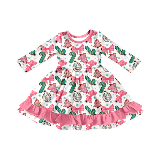presale GLD1228 Baby Girls Long Sleeves Christmas Trees Candy Cane Ruffle Knee Length Dress  D 7.18