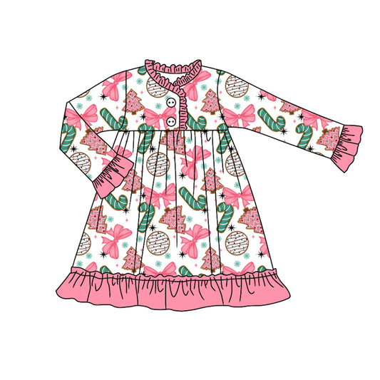 presale GLD1229 Baby Girls Long Sleeves Button Christmas Trees Candy Cane Ruffle Knee Length Dress D 7.18