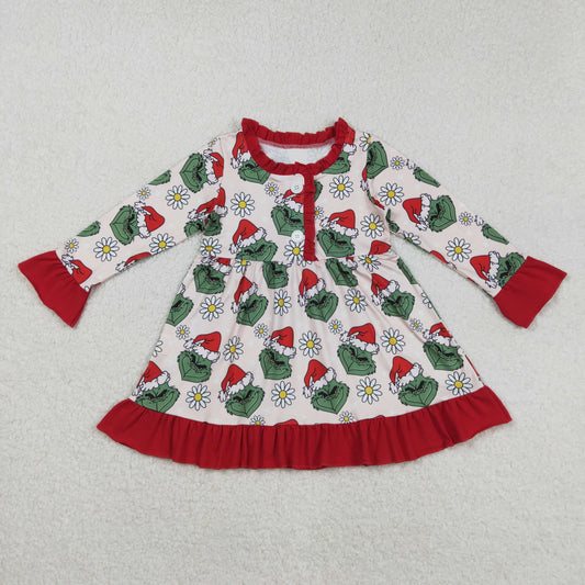 GLD1230  Baby Girls Button Christmas Hats Green Face Flowers Ruffle Knee Length Dress D 829