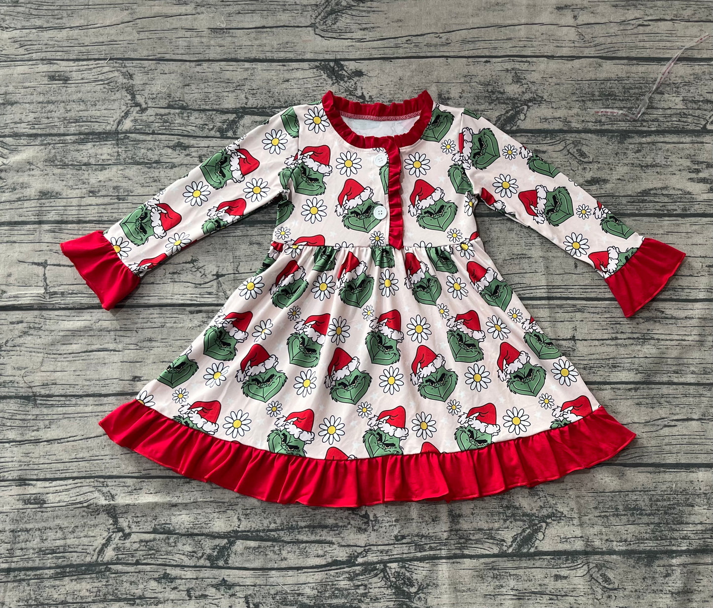 GLD1230  Baby Girls Button Christmas Hats Green Face Flowers Ruffle Knee Length Dress D 829