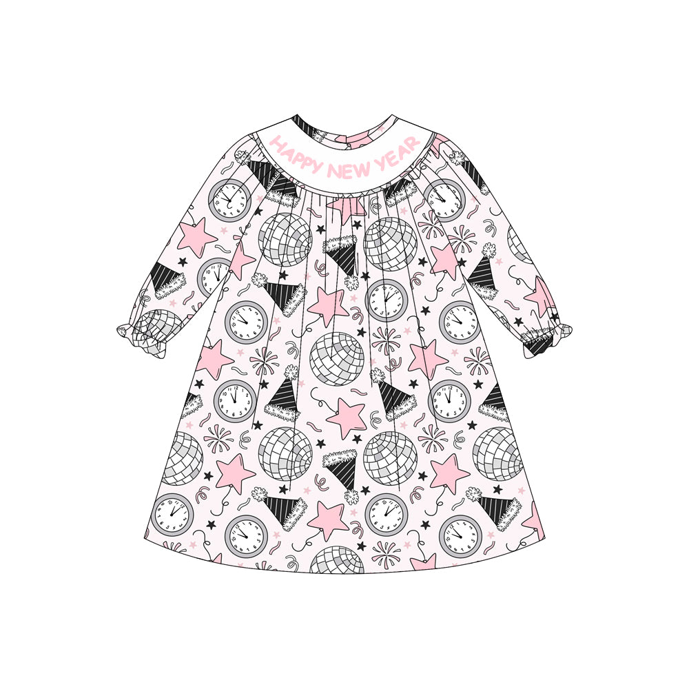 GLD1231 Baby Girls Long Ruffle Sleeves Happy New Year Knee length Dresses  D 1023