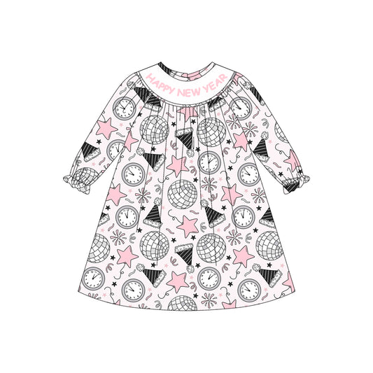 presale GLD1231 Baby Girls Long Ruffle Sleeves Happy New Year Knee length Dresses  D 7.18