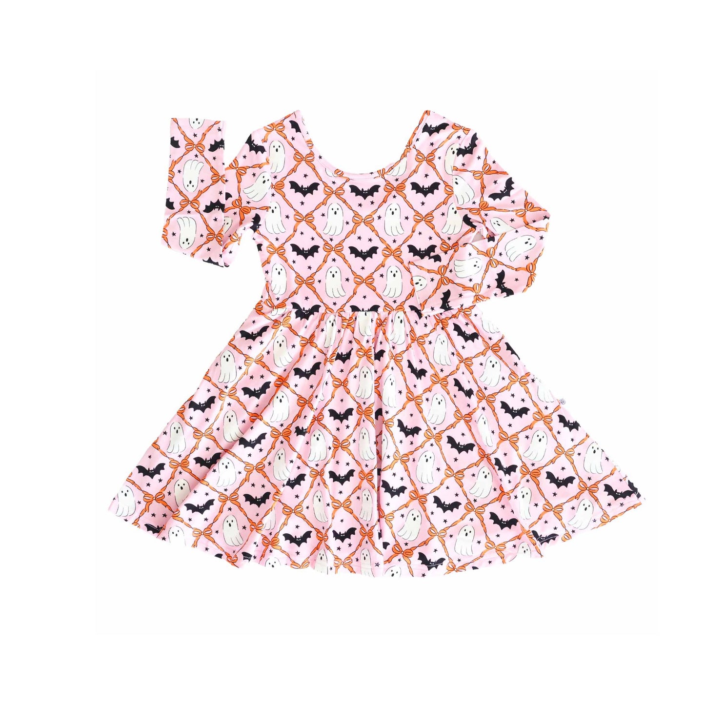 GLD1232 Baby Girls Pink Long Sleeves Bows Bats Ghosts Plaid Knee Length Dresses  D 906