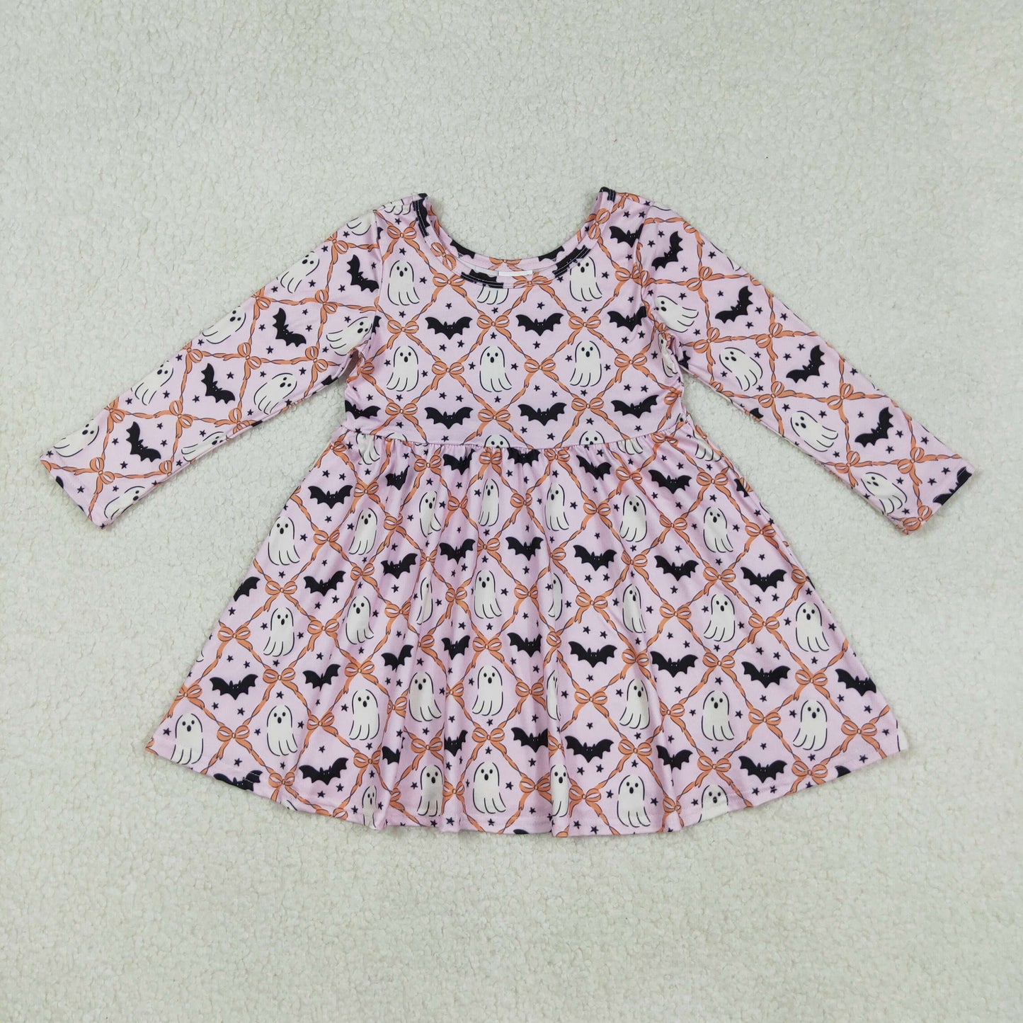 GLD1232 Baby Girls Pink Long Sleeves Bows Bats Ghosts Plaid Knee Length Dresses  D 906