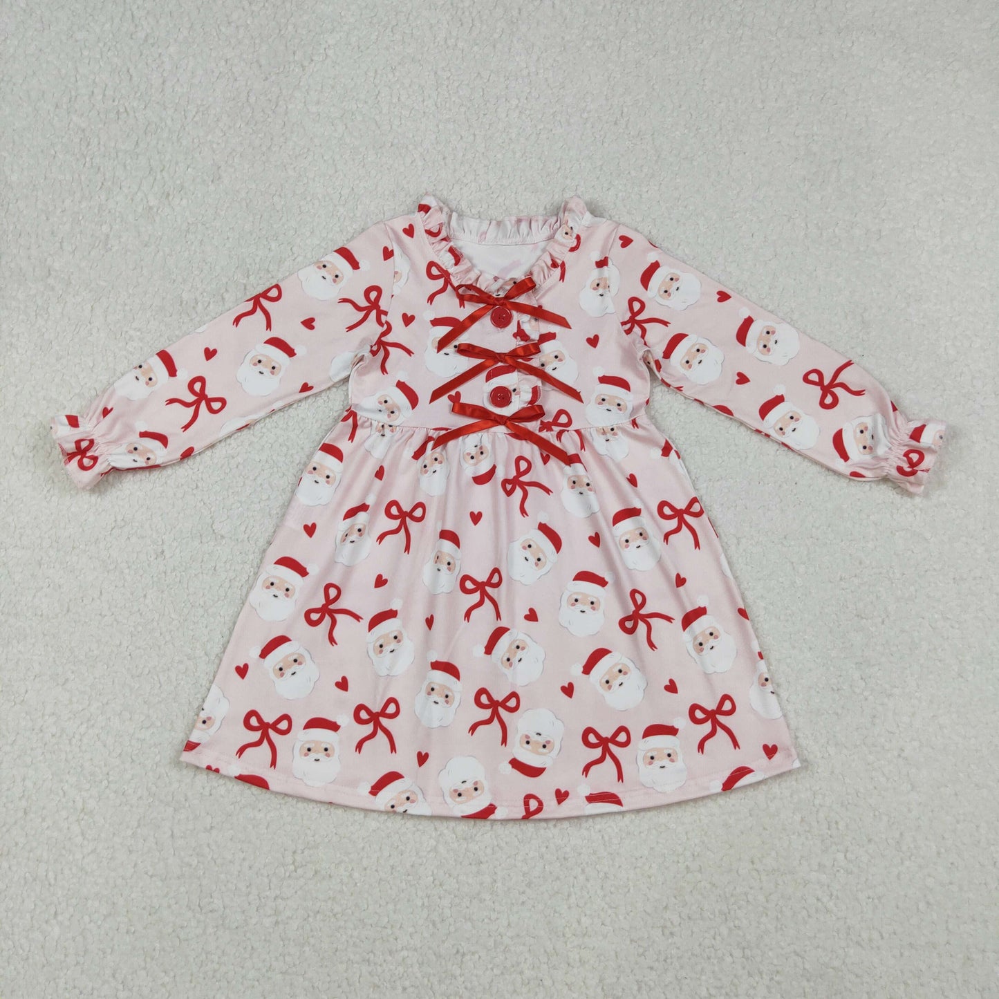 GLD1233 Baby Girls Pink Long Ruffle Sleeves Bows Santa Plaid Knee Length Dresses