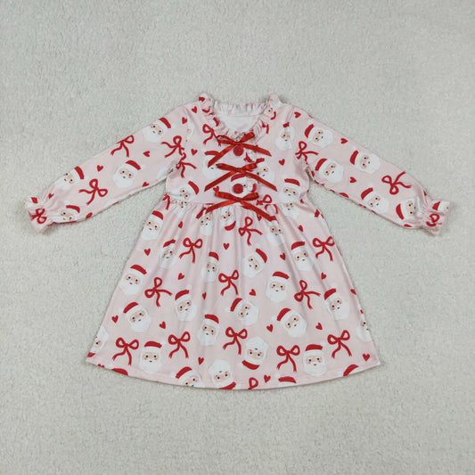 GLD1233 Baby Girls Pink Long Ruffle Sleeves Bows Santa Plaid Knee Length Dresses
