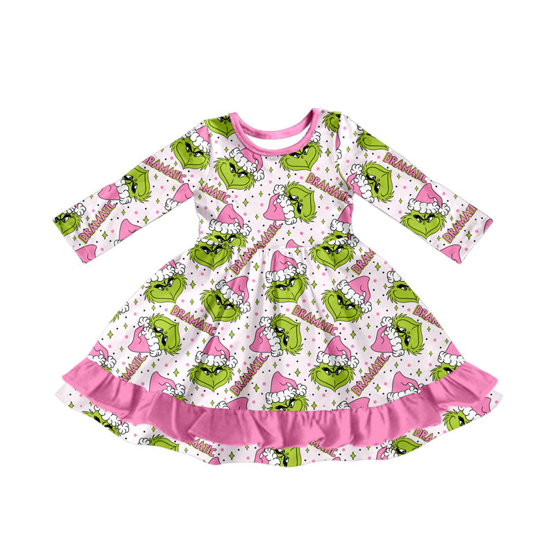 GLD1234  Baby Girls Long Sleeves Green Face Stars Plaid Ruffle Knee Length Dresses  D 908