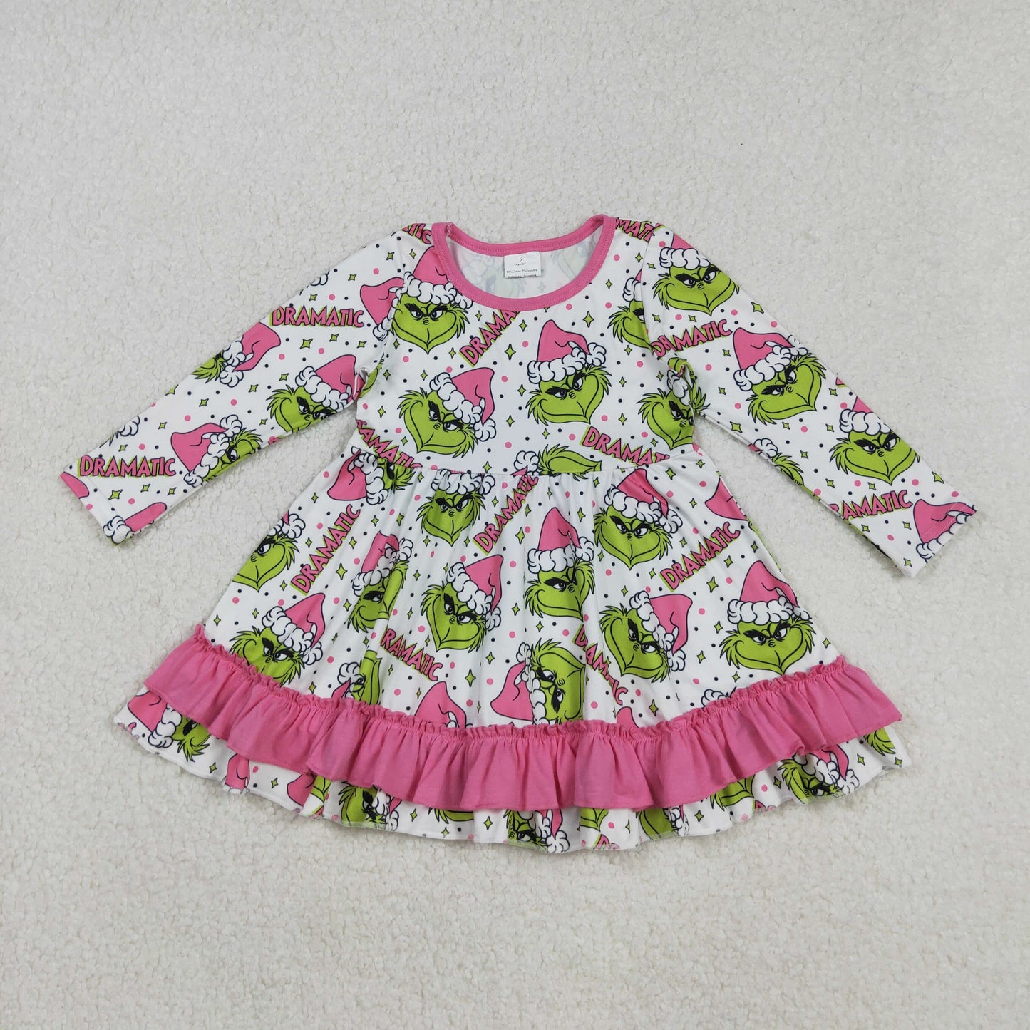 GLD1234  Baby Girls Long Sleeves Green Face Stars Plaid Ruffle Knee Length Dresses  D 908