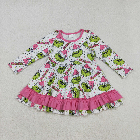 GLD1234  Baby Girls Long Sleeves Green Face Stars Plaid Ruffle Knee Length Dresses  D 908