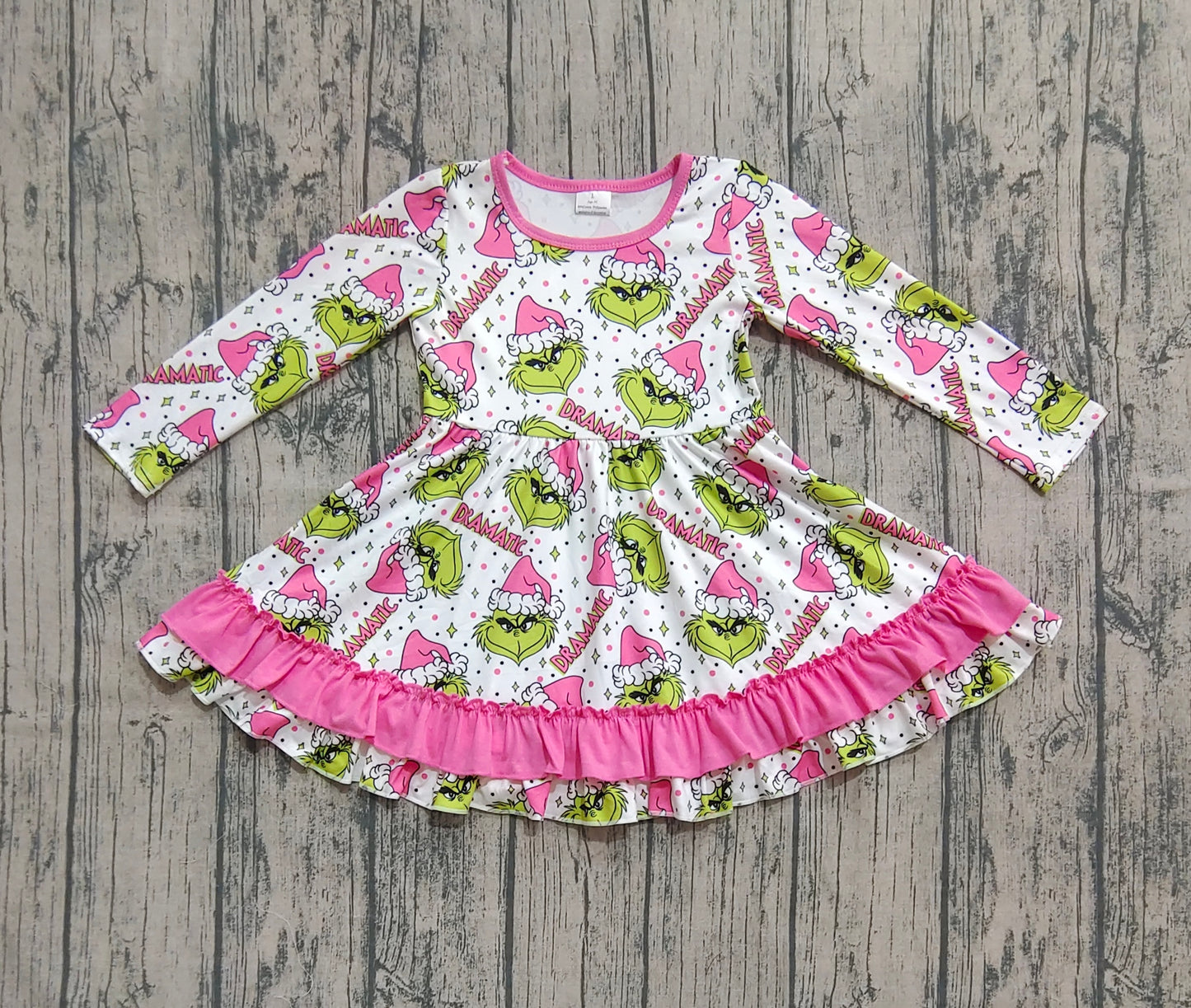 GLD1234  Baby Girls Long Sleeves Green Face Stars Plaid Ruffle Knee Length Dresses  D 908