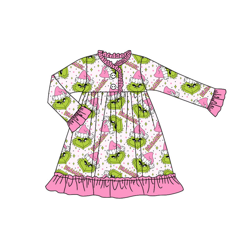 presale  GLD1235  Baby Girls Long Sleeves Button Green Face Stars Plaid Ruffle Knee Length Dresses  D 7.19