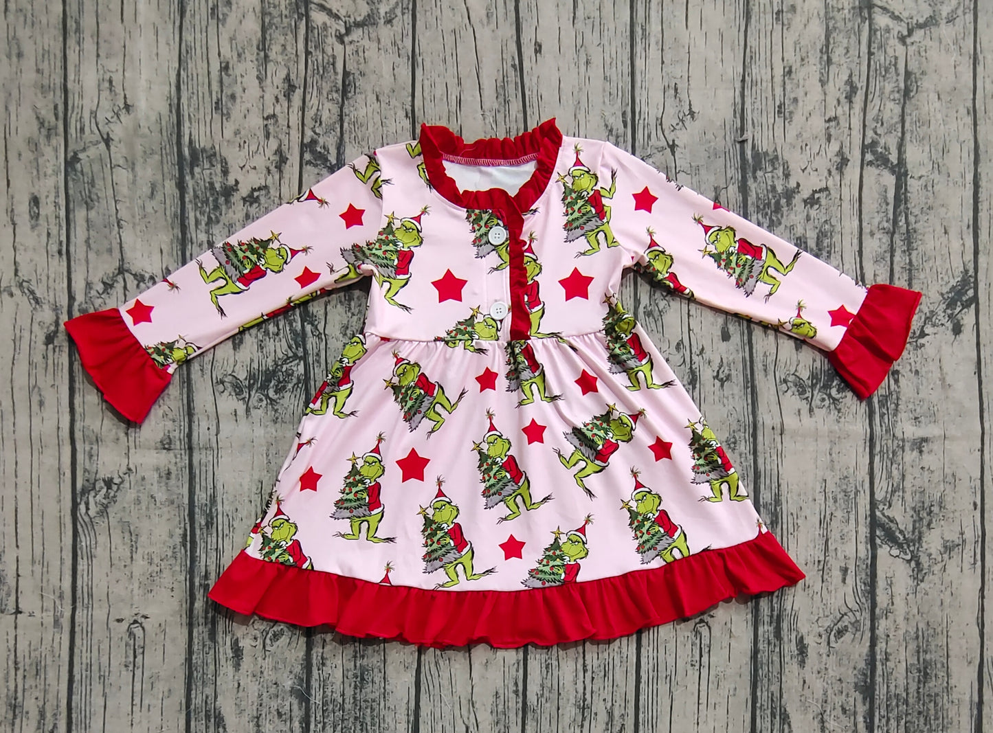 GLD1236 Baby Girls Long Sleeves Button Green Face Trees Plaid Ruffle Knee Length Dresses  D 903