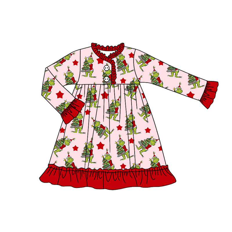 GLD1236 Baby Girls Long Sleeves Button Green Face Trees Plaid Ruffle Knee Length Dresses  D 903