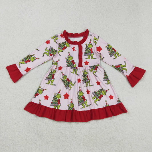 GLD1236 Baby Girls Long Sleeves Button Green Face Trees Plaid Ruffle Knee Length Dresses  D 903