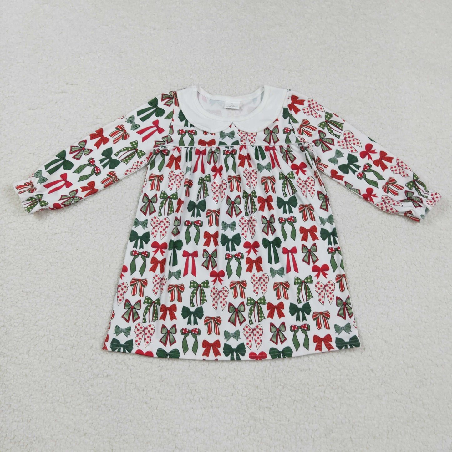 GLD1237 Baby Girls Long Ruffle Sleeves Green Red Bows Plaid Knee Length Dresses   D 828