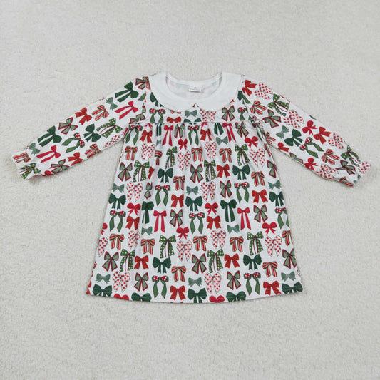 GLD1237 Baby Girls Long Ruffle Sleeves Green Red Bows Plaid Knee Length Dresses   D 828