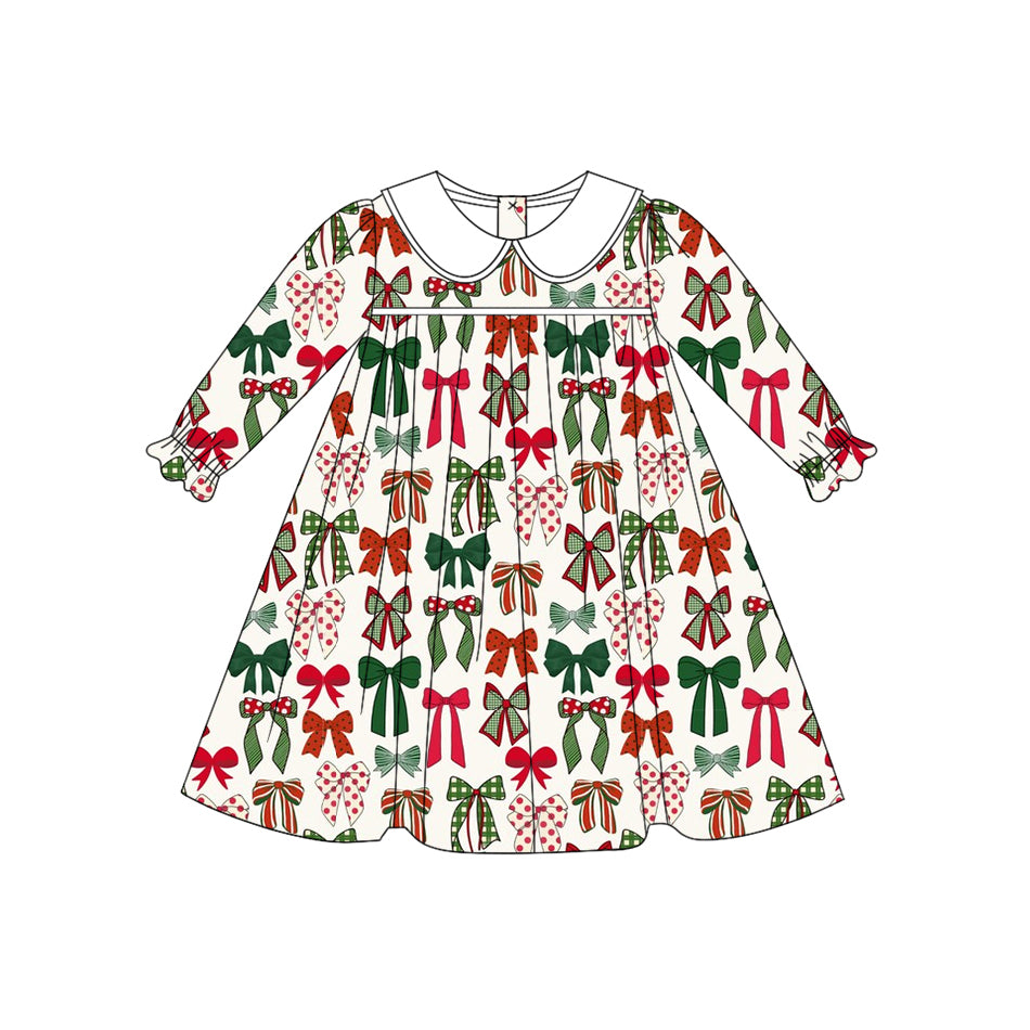 GLD1237 Baby Girls Long Ruffle Sleeves Green Red Bows Plaid Knee Length Dresses   D 828