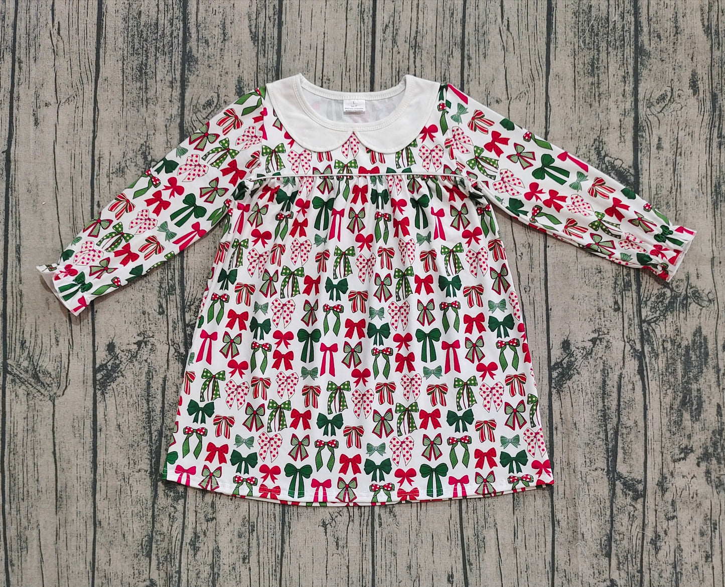 GLD1237 Baby Girls Long Ruffle Sleeves Green Red Bows Plaid Knee Length Dresses   D 828