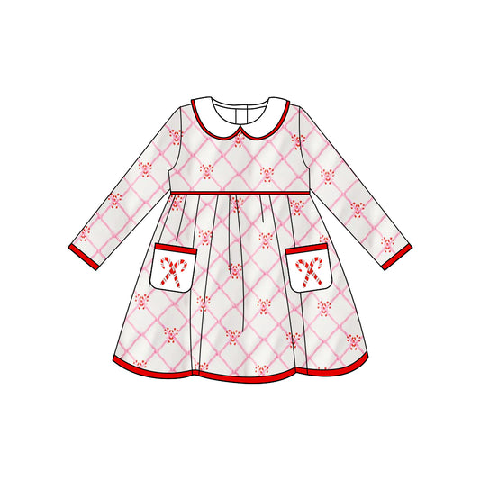 presale  GLD1238  Baby Girls Flowers Plaid Candy Cane Pockets Christmas Knee Length Dresses   D 7.19
