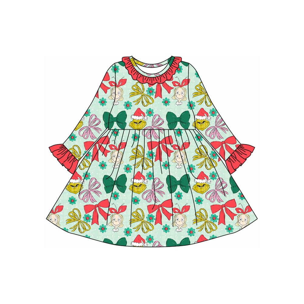 presale GLD1240 Baby Girls Green Face Bows Plaid Christmas Knee Length Dresses  D 7.21