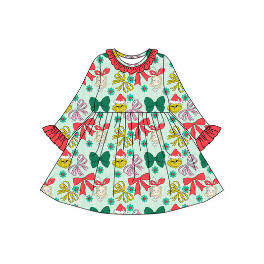 presale GLD1240 Baby Girls Green Face Bows Plaid Christmas Knee Length Dresses  D 7.21