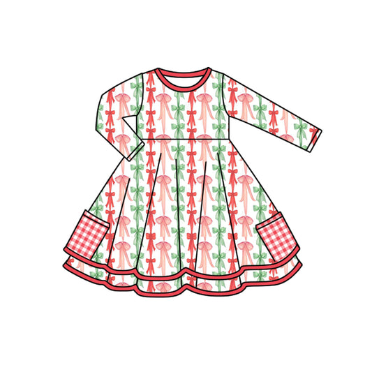 presale GLD1241  Baby Girls Bows Stripe Pockets Christmas Knee Length Dresses  D 7.21