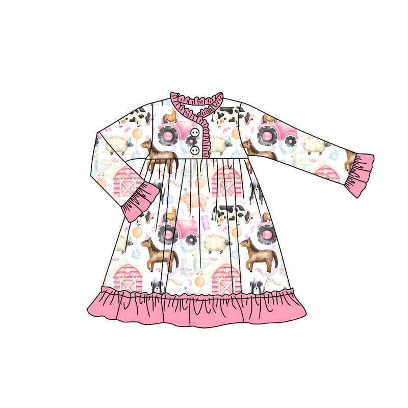 presale GLD1244 Baby Girls House Pigs Farm Button Ruffle Knee Length Dresses  D 7.21