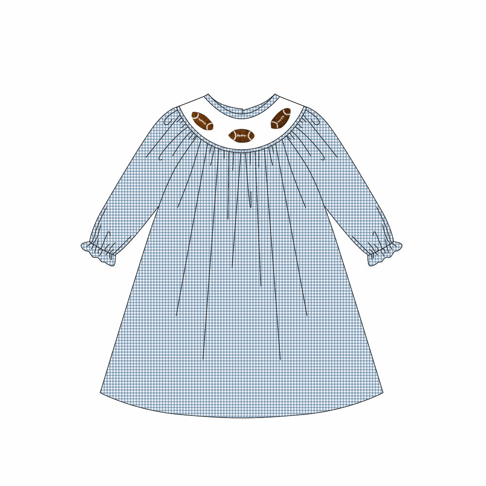presale GLD1247  Baby Girls Blue Plaid Footballs Team Knee Length Dresses D 7.28