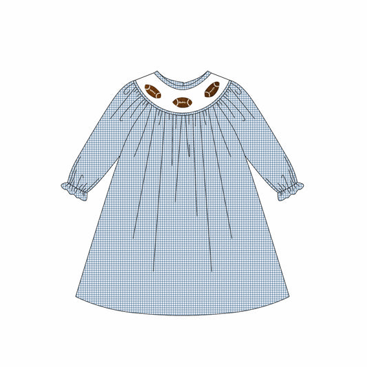presale GLD1247 Baby Girls Blue Plaid Footballs Team Knee Length Dresses D 7.28