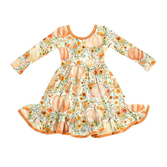 presale GLD1248  Baby Girls Pumpkins Floral Fall Ruffle Knee Length Dresses D 7.29