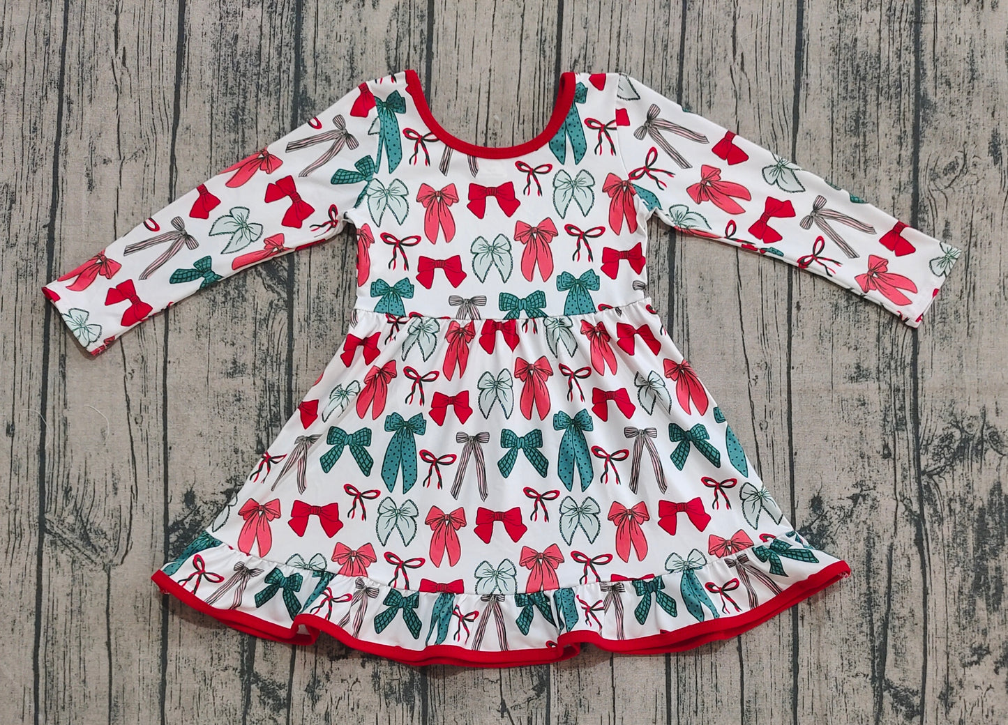GLD1250  Baby Girls Green Red Bows Plaid Christmas Ruffle Knee Length Dresses  D 829