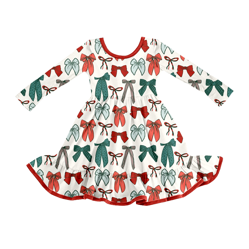 GLD1250  Baby Girls Green Red Bows Plaid Christmas Ruffle Knee Length Dresses  D 829