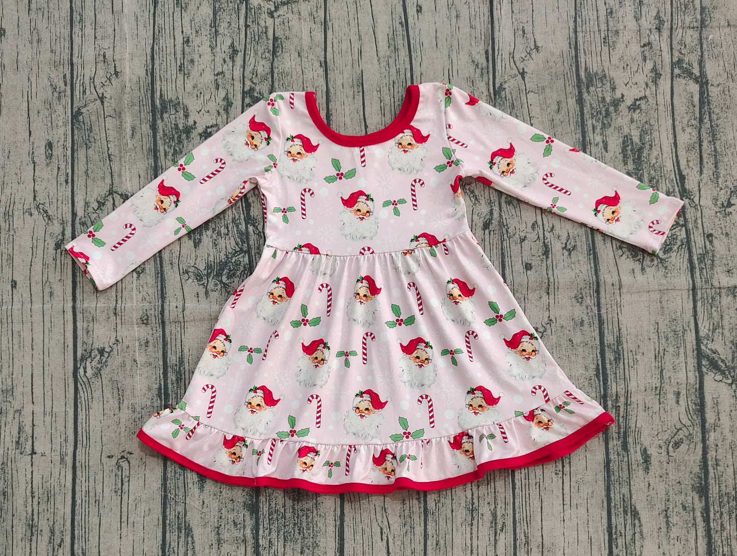GLD1251  Baby Girls Santa Candy Cane Holly Christmas Ruffle Knee Length Dresses D 924