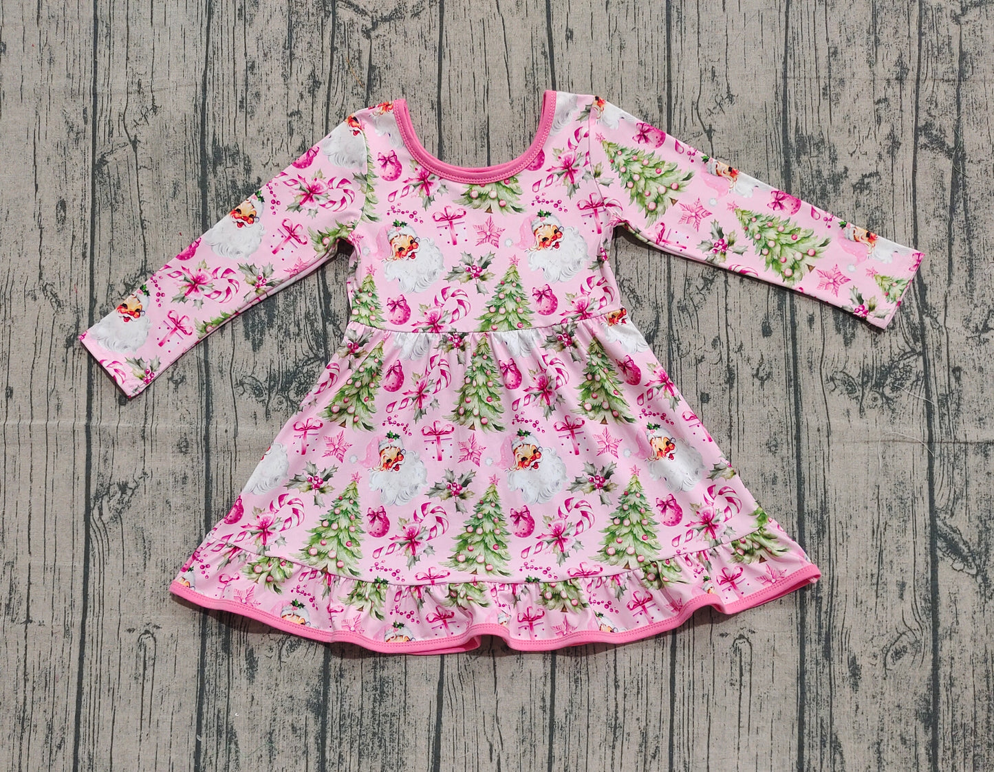 GLD1252 Baby Girls Santa Candy Cane Christmas Trees Ruffle Knee Length Dresses  D 922