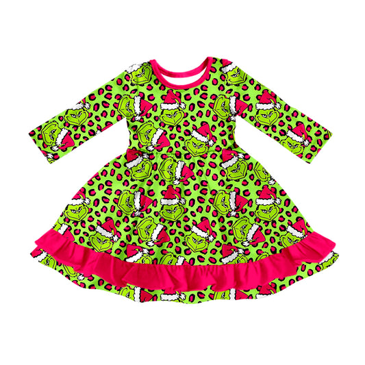 presale GLD1253 Baby Girls Christmas Green Face Leopard Ruffle Knee Length Dresses  D 7.29