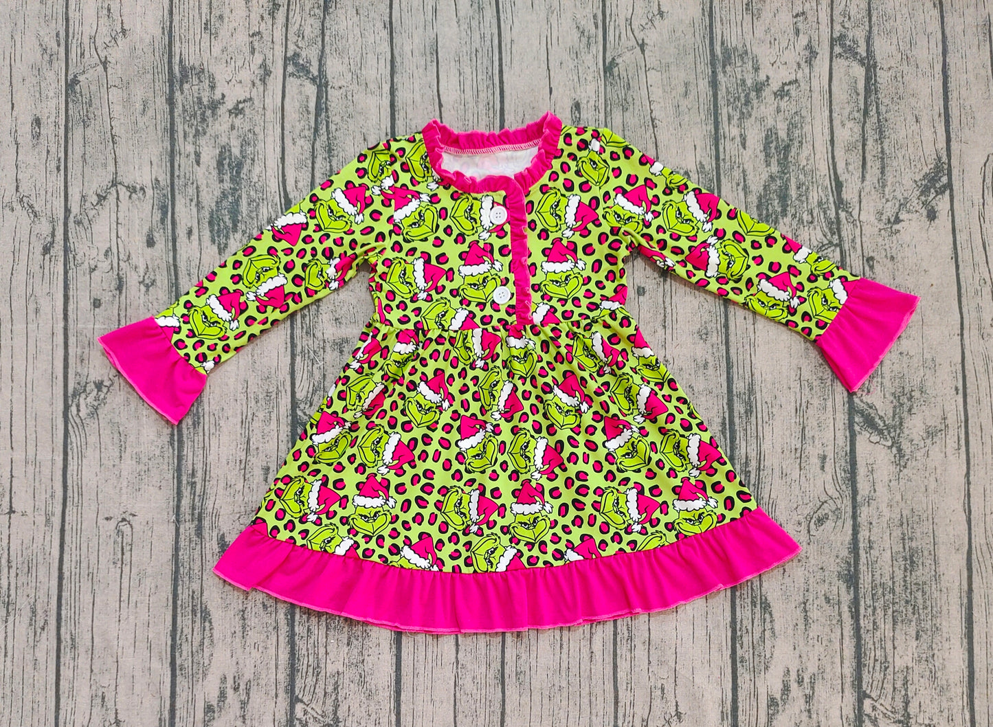 GLD1254 Baby Girls Christmas Green Face Leopard Button Ruffle Knee Length Dress D 1022