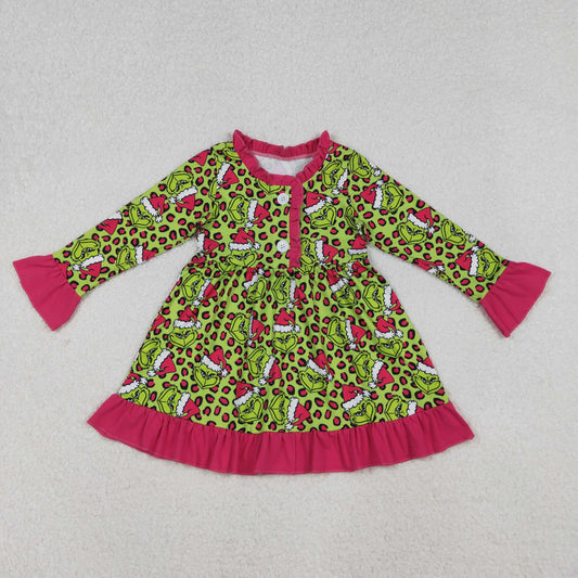 GLD1254 Baby Girls Christmas Green Face Leopard Button Ruffle Knee Length Dress D 1022