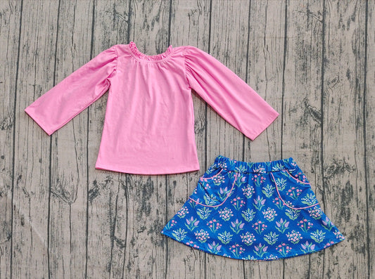 presale GLD1256  Baby Girls Pink Long Sleeves Shirts Top Floral Pockets Skirts Set D 8.5