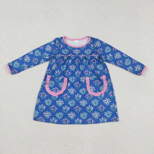 GLD1257 Baby Girls Blue Flowers Plaid Pockets Knee Length Dresses  D 904