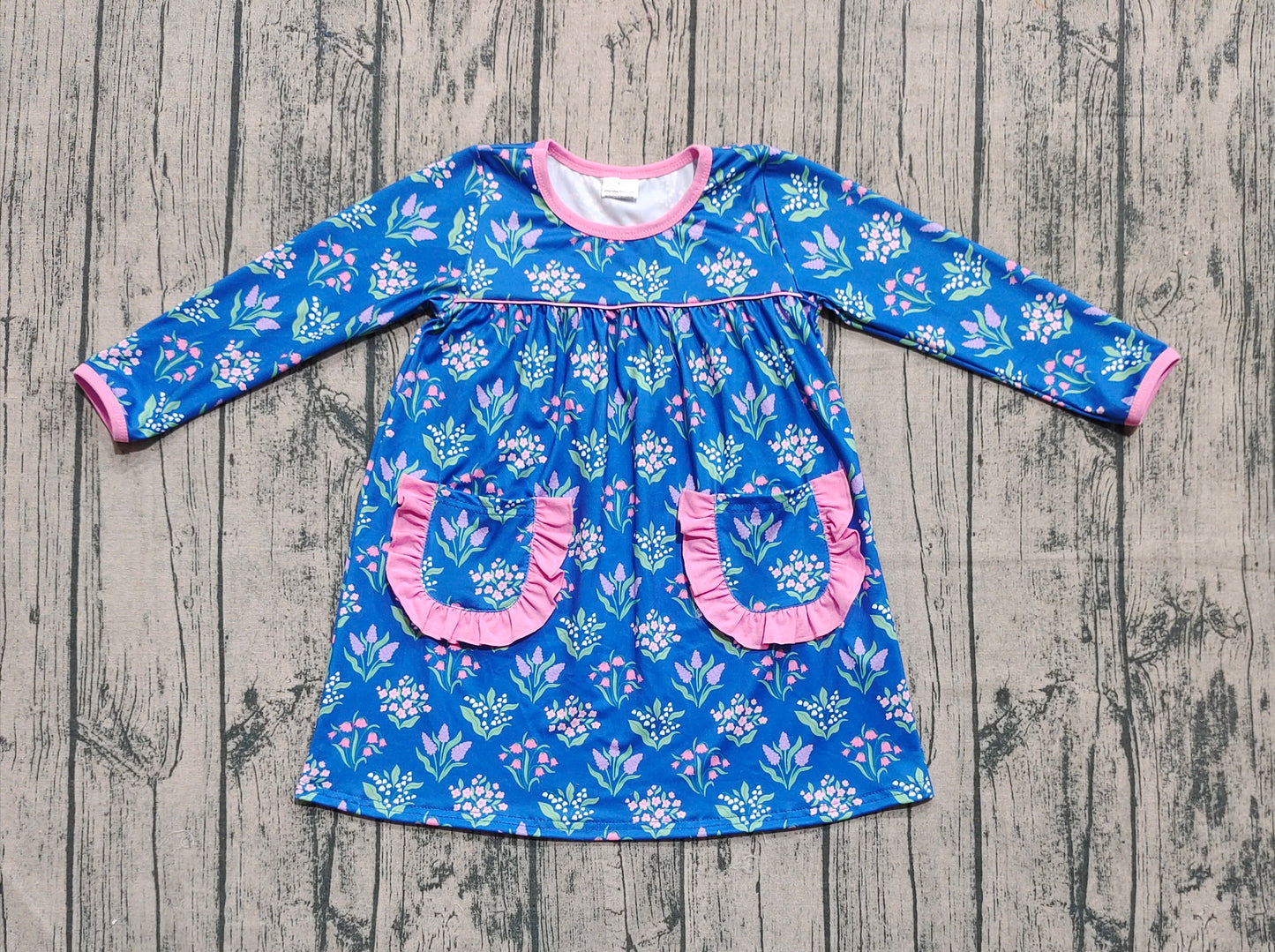 GLD1257 Baby Girls Blue Flowers Plaid Pockets Knee Length Dresses  D 904
