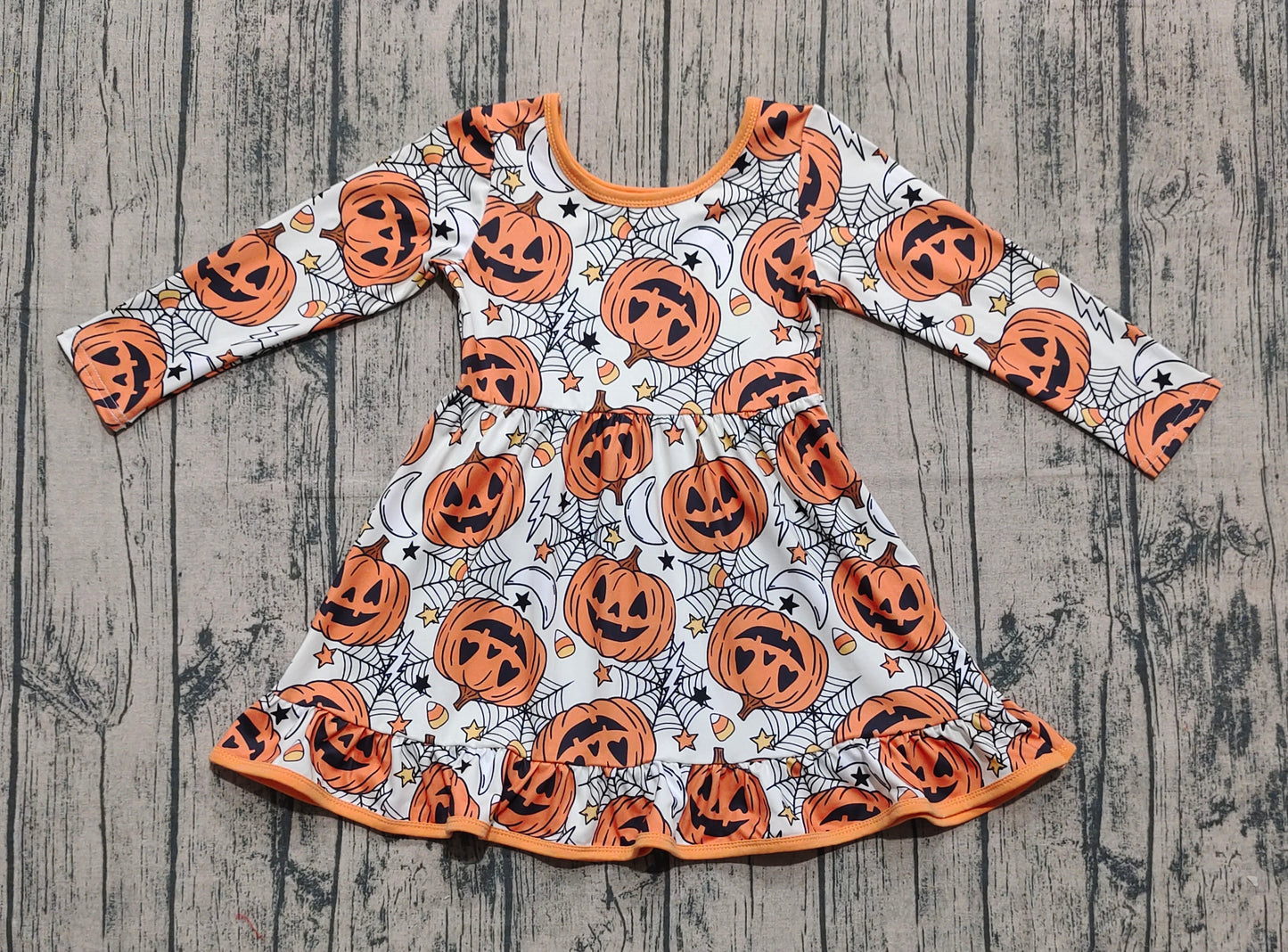 GLD1258  Baby Girls Halloween Ghost Pumpkins Plaid Ruffle Knee Length Dresses  D 8.5