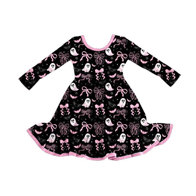 presale GLD1262  Baby Girls Bows Ghosts Plaid Halloween Ruffle Knee Length Dresses D 8.6