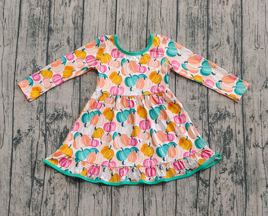 presale GLD1264 Baby Girls Colorful Pumpkins Plaid Fall Ruffle Knee Length Dresses D 8.7