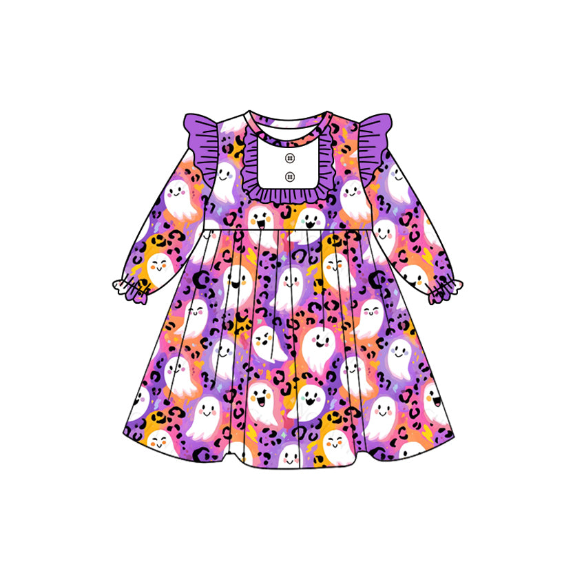 presale GLD1265 Baby Girls Purple Leopard Ghost Button Halloween Knee Length Dresses  D 8.7