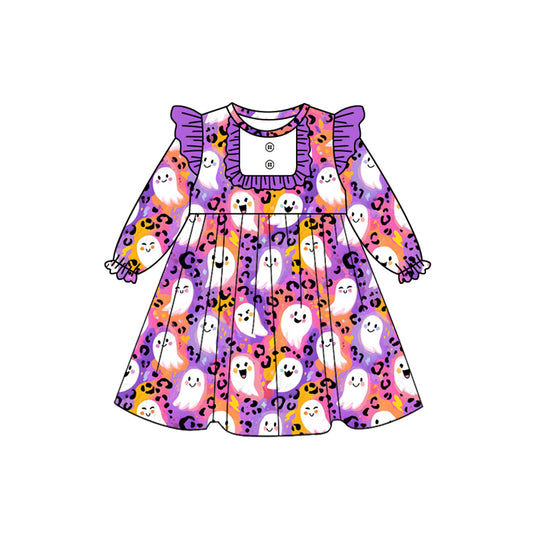 presale GLD1265 Baby Girls Purple Leopard Ghost Button Halloween Knee Length Dresses  D 8.7