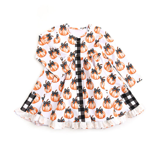 presale GLD1266  Baby Girls Bows Pumpkins Pockets Button Fall Knee Length Dresses D 8.9